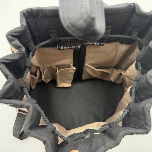 Baskets of Cambodia Woven Drawstring Backpack Purse Tan Black Trim Medium - Picture 5 of 6